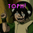 Pixelated image of a character with dark hair and green clothing, raising one arm while purple text above reads 'TOPH!' in blocky letters.