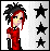Pixel art buddy icon featuring a character with red and black hair in a red dress, standing next to three black stars on a gray background.