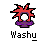 Pixel art icon with red spiky hair, purple collar, white face, and black outline on gray background; text "Washu" below.