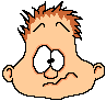 Two pixelated cartoon faces with spiky brown hair, one with closed eyes and a frown, the other with wide eyes and an open mouth showing a pink tongue.