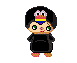 Pixel art character with rainbow headband, green eyes, and black outfit transitions through multiple hairstyles and color variations across frames.