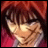 Pixelated anime-style character with brown hair and red hooded clothing, next to stylized text on black background.