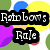 Pixelated graphic with black text boxes displaying "Rainbow's" and "Rule" over colorful abstract shapes including green, blue, yellow, purple, orange, and red.