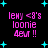 Pixelated text reads 'lewy <8's loonie 4evr !!' in pink on black, surrounded by cyan plus signs with varying pixel density across four views.
