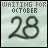 Pixelated light green background with 'WAITING FOR OCTOBER' text above large blurred '28' numerals, two versions show small gray heart symbols in bottom-right corner.