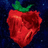Pixelated red fruit with green leafy top against dark blue background, no visible text or motion.