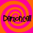 Four identical display 'Domechcell' text over orange and pink spiral backgrounds with pixelated edges