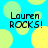 Pixelated blue background with yellow and light green circles, displaying "Lauren ROCKS!" text in black block letters across four repeated sections.