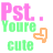 Pixelated text and symbols in pink, green, and orange on white background with one frame missing an orange symbol.
