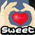 Pixelated icon with hands forming a heart shape, red heart center, blue background, and text overlays changing between frames.