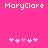 Pixelated text 'MaryClare' appears twice on a bright pink background with a of five pink and white heart icons below
