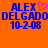Pixelated orange background with blue text reading ALEX DELGADO 10-2-08 and a pink heart symbol above the 'X' in ALEX.