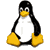 Four distinct icons arranged in a 2x2 contact sheet: Tux the Linux penguin, a blue dolphin outline, a rainbow-colored sword, and the PHP logo oval.