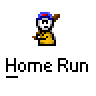 A 4x4 grid of pixel art frames showing a baseball-themed animated buddy icon with a yellow stick figure, blue helmet, and red bat performing actions like swinging, hitting, and celebrating.