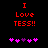 Red pixelated text "I Love TESS!!" above five pink and purple heart icons on a black background.