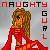 Pixelated image of a woman with long brown hair in a red dress, blue eyes, and yellow earrings, with 'NAUGHTY' text above and 'GURL' text to the side.