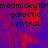 Pixelated text 'madmicky109' and 'galactic central' repeated on a red and blue gradient background with a gray rectangular overlay.