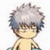 Pixelated anime-style character with spiky gray hair, brown eyes, and a neutral expression wearing a light-colored shirt under dark green sleeves.