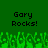 Green background with pixelated text 'Gary Rocks!' repeated twice above a of green pixelated shapes resembling grass or foliage