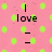Pink background with green polka dots, black text 'I love' and '<3', two sets of horizontal lines.