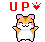 Pixel art hamster with orange-brown and white fur, pink inner ears, and blush marks on cheeks in multiple poses including raised arms, open mouth, and side view.