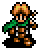 Pixel art character with orange hair and green scarf, shown in two poses against gray background.