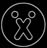 A circular icon with a white outline of a stylized X-shaped figure on black background, featuring two small circles above the head.