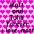 Pixelated text on a pink heart-patterned background with repeated phrases about Matt and Julia.
