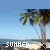Pixelated beach scene with palm trees, ocean, and sky; two instances of 'SUHHER' text below each tree.