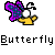 Pixelated icon of a yellow bird-like character with white eyes and black antennae, wearing a purple and blue checkered butterfly wing accessory, with the word 'Butterfly' below.