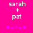 Pixelated text 'sarah + pat' on bright pink background with purple star-like symbols below, two identical frames side-by-side.