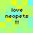 Pixelated text 'love neopets !!!' on a of yellow and cyan squares with varying brightness