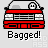 Red car with gray roof and headlights, two white circular eyes on roof, 'Bagged!' text below, pixelated style on light gray background.