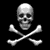 A grayscale animation of a skull and crossbones icon showing the head turning from front to side views