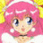 Pixelated anime-style character with pink hair and blue eyes, wearing white earrings and a white top against a yellow background, next to black background with white text.