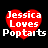 Four identical red heart-shaped icons with white text reading "Jessica Loves Poptarts" on a black background, arranged in a