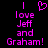 Pixelated text in bright pink on black background with a heart symbol above the first line, showing two versions of the phrase 'I love Jeff and Graham!' side by side.