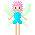 Pixelated fairy with pink hair, green eyes, and light blue dress stands against gray background; wings shift from pale green to yellow as hearts appear around her.