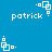 Blue background with white pixelated text 'patrick' and geometric shapes in a repeating pattern.