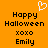 Pixelated orange background with black text reading "Happy Halloween xoxo Emily" and a white pixel heart above the left text block.