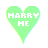 Two pixelated heart-shaped icons with text: a green heart reading "MARRY HE" and a pink heart reading "I DO", both in white block letters on solid backgrounds.