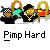 Pixelated image of four figures with distinct hairstyles and accessories beneath bold text reading "Pimp Hard" on a gray background.