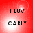 Red background with white light burst effect, black text "I LUV CARLY" in two lines, four identical arranged in a
