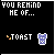 Black background displays white pixelated text 'YOU REMIND ME OF...' above 'TOAST' with orange flame pixels and a blue checkered shirt icon.