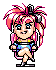 Pixel art character with pink hair and blue outfit in three sequential poses showing eye closure, head tilt, and arm movement.