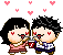 Two pixel-art figures in traditional clothing hold hands under floating pink hearts, with one figure's eyes changing from red hearts to solid red.