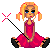 Pixel art contact sheet showing two frames of a blonde doll character in a red dress holding a sparkler-like object with alternating white and pink starburst effects.