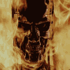 Animated skull with glowing red eyes against a fiery background, transitioning from dark to bright illumination.