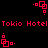 Red pixel art displays 'Tokio Hotel' text flanked by four rotating square icons on a black background.