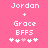 Pixelated text and symbols on a pink background with two identical static frames showing 'Jordan + Grace BFPS' and five heart-like icons below.